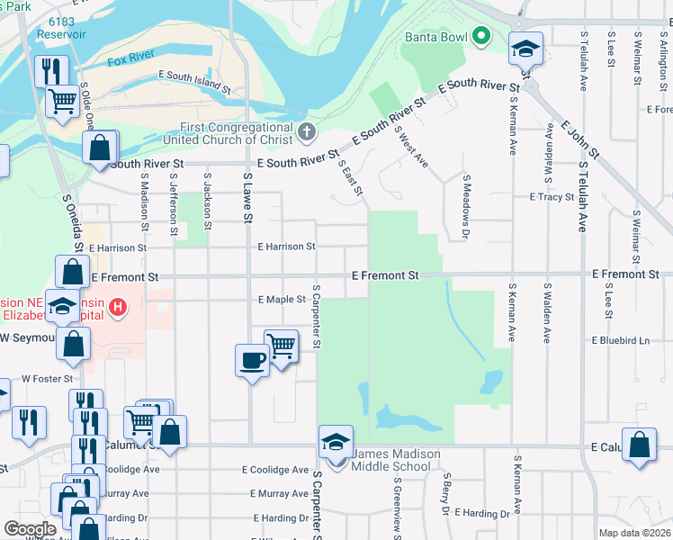 map of restaurants, bars, coffee shops, grocery stores, and more near 822 East Fremont Street in Appleton