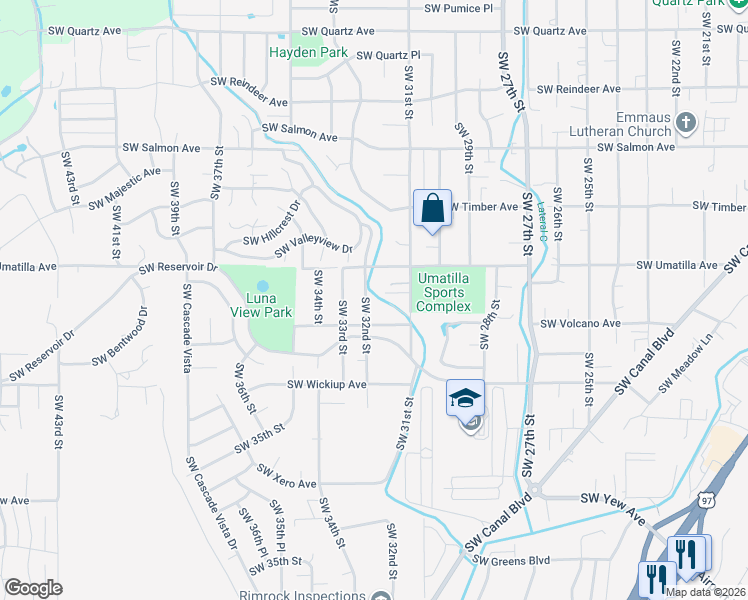map of restaurants, bars, coffee shops, grocery stores, and more near 2824 Southwest 32nd Street in Redmond