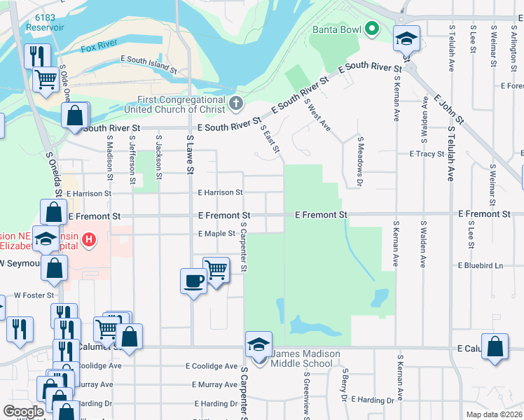 map of restaurants, bars, coffee shops, grocery stores, and more near 822 East Fremont Street in Appleton