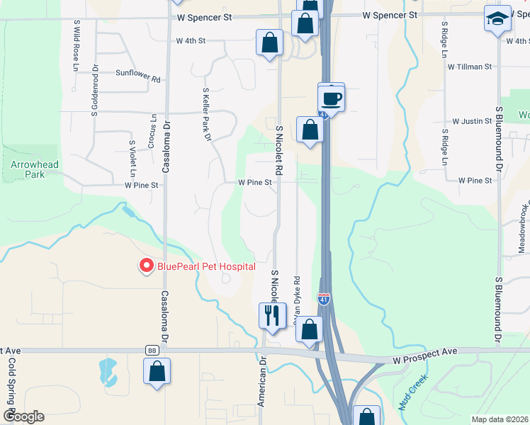 map of restaurants, bars, coffee shops, grocery stores, and more near 1231 West Nicolet Circle in Neenah