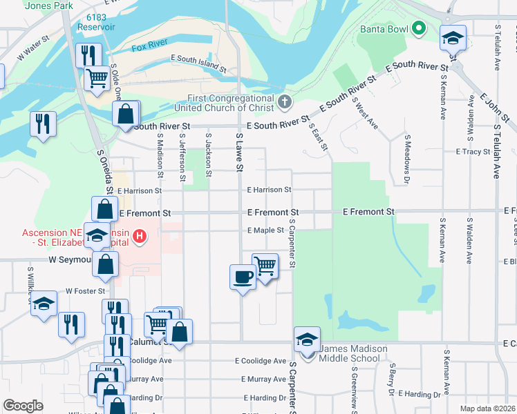 map of restaurants, bars, coffee shops, grocery stores, and more near 626 East Fremont Street in Appleton
