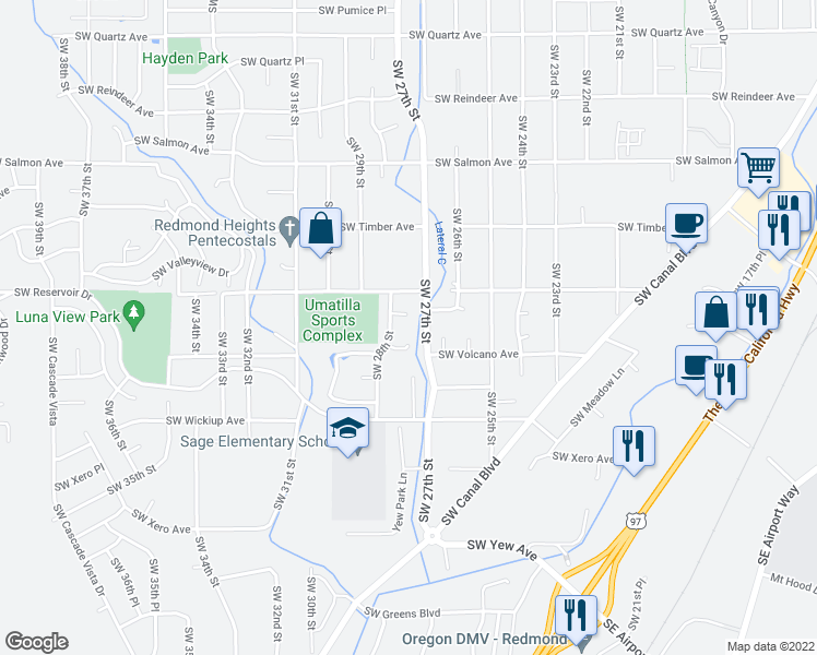 map of restaurants, bars, coffee shops, grocery stores, and more near 2740 SW Umatilla Ct in Redmond