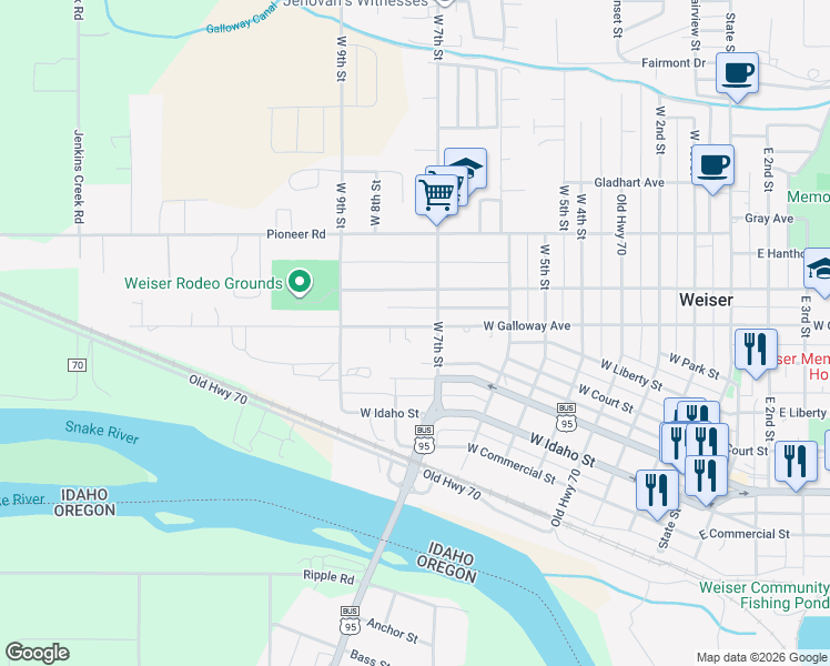 map of restaurants, bars, coffee shops, grocery stores, and more near 755 West Galloway Avenue in Weiser