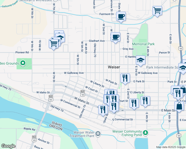 map of restaurants, bars, coffee shops, grocery stores, and more near 315 West Galloway Avenue in Weiser