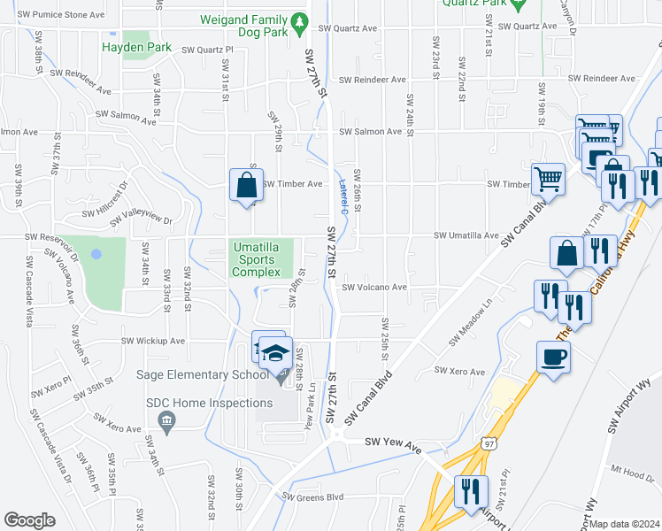 map of restaurants, bars, coffee shops, grocery stores, and more near 2740 Southwest Umatilla Court in Redmond