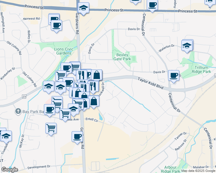 map of restaurants, bars, coffee shops, grocery stores, and more near 599 Taylor Kidd Boulevard in Kingston