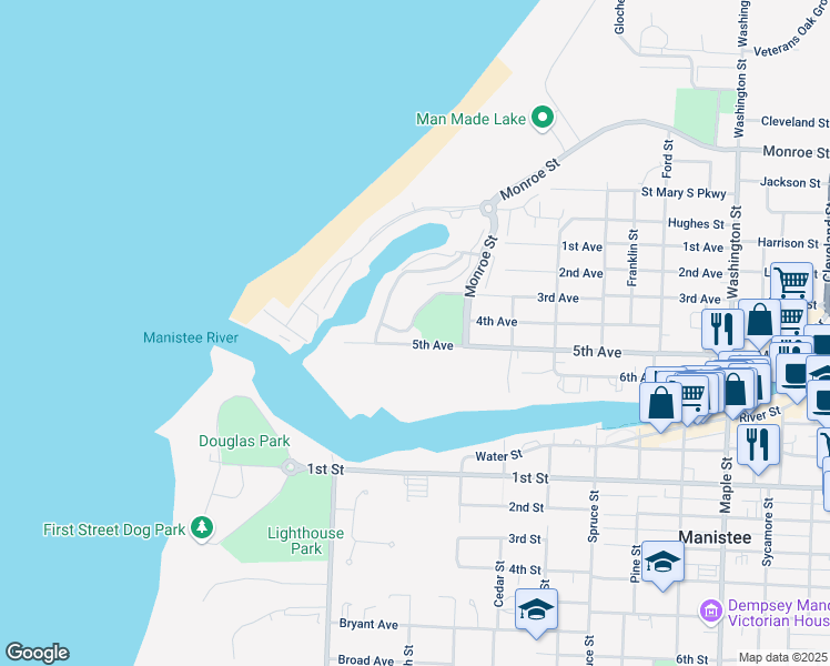 map of restaurants, bars, coffee shops, grocery stores, and more near 35 Spinnaker Drive in Manistee