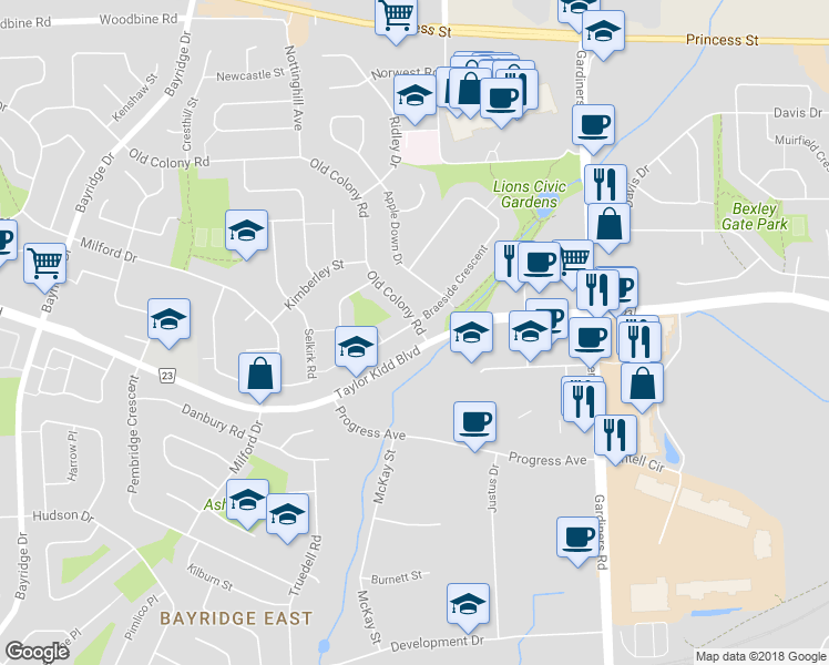 map of restaurants, bars, coffee shops, grocery stores, and more near 771 Old Colony Road in Kingston