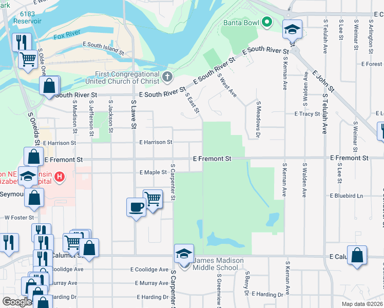map of restaurants, bars, coffee shops, grocery stores, and more near 822 East Fremont Street in Appleton