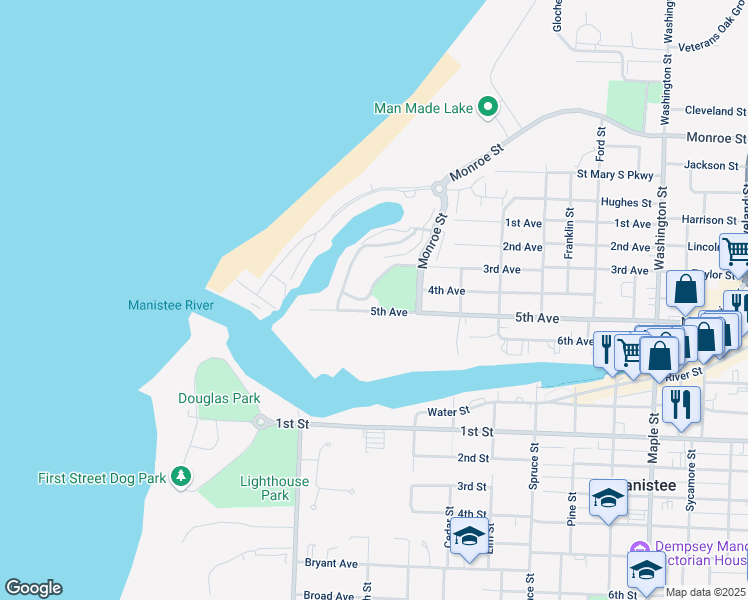 map of restaurants, bars, coffee shops, grocery stores, and more near 35 Spinnaker Drive in Manistee
