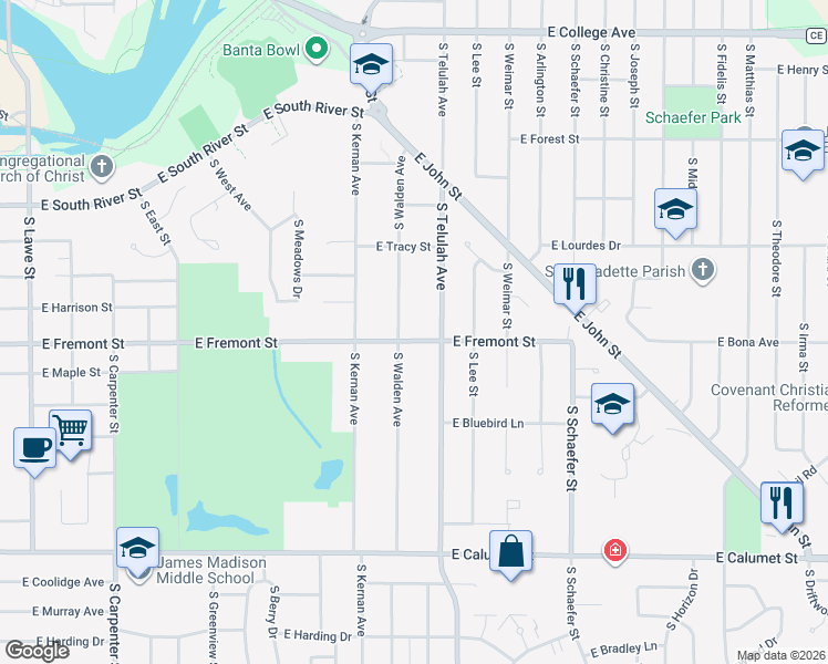 map of restaurants, bars, coffee shops, grocery stores, and more near 1508 East Fremont Street in Appleton