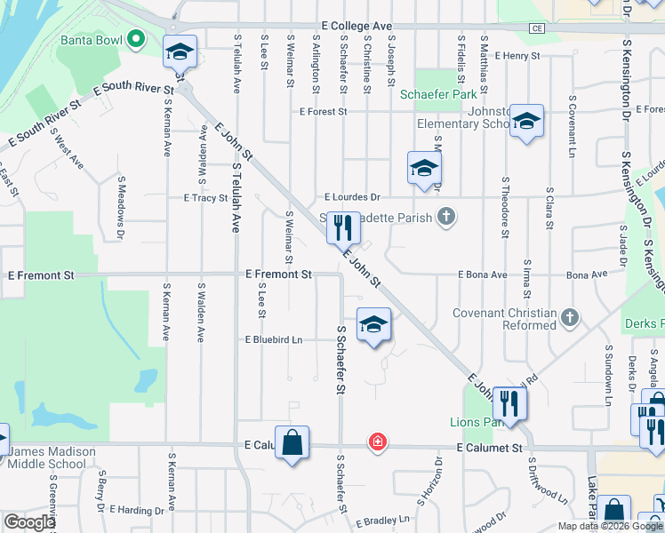 map of restaurants, bars, coffee shops, grocery stores, and more near 1920 East Fremont Street in Appleton