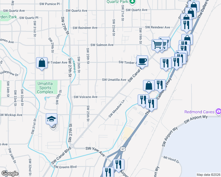 map of restaurants, bars, coffee shops, grocery stores, and more near 2817 Southwest 23rd Street in Redmond
