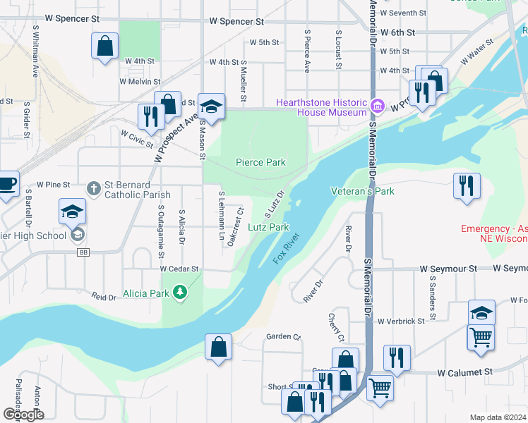 map of restaurants, bars, coffee shops, grocery stores, and more near 1319 South Lutz Drive in Appleton