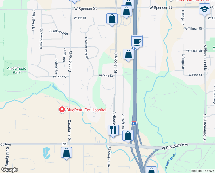 map of restaurants, bars, coffee shops, grocery stores, and more near 1231 West Nicolet Circle in Neenah
