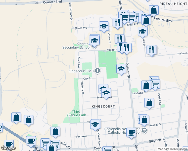 map of restaurants, bars, coffee shops, grocery stores, and more near 258 Kingscourt Avenue in Kingston
