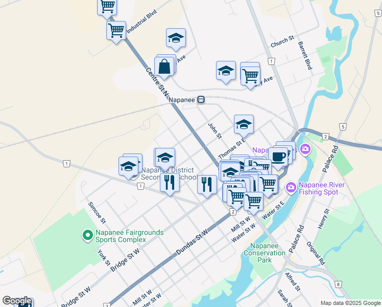 map of restaurants, bars, coffee shops, grocery stores, and more near 27 Graham Street West in Napanee
