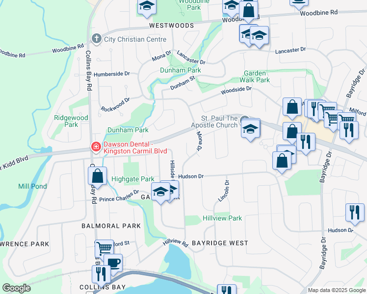 map of restaurants, bars, coffee shops, grocery stores, and more near 801 Mona Drive in Kingston