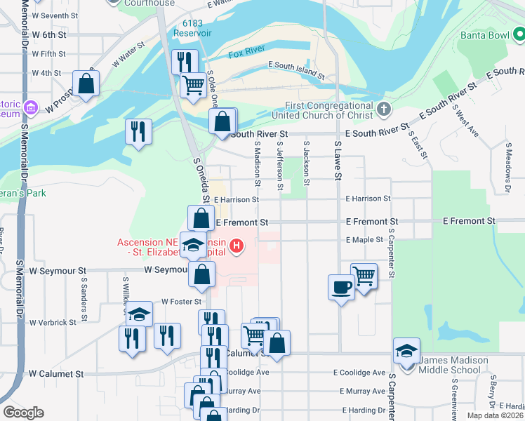 map of restaurants, bars, coffee shops, grocery stores, and more near 1328 South Madison Street in Appleton