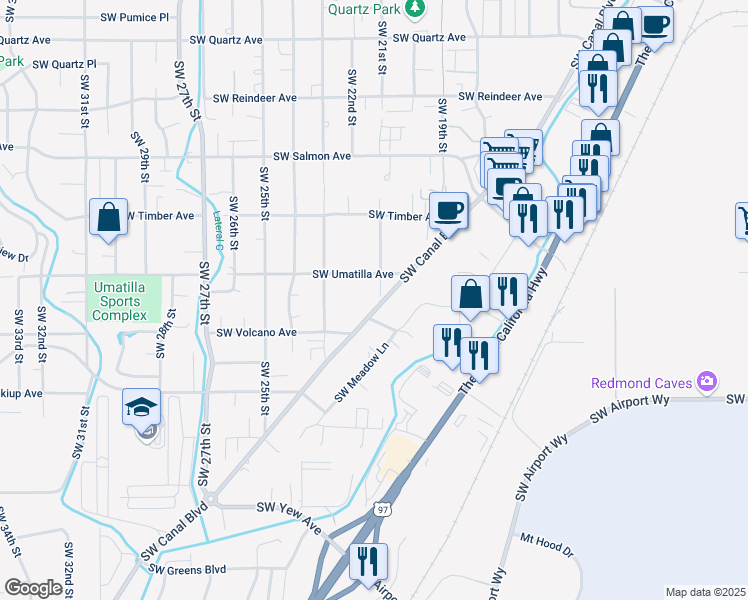 map of restaurants, bars, coffee shops, grocery stores, and more near 2811 Southwest Canal Boulevard in Redmond