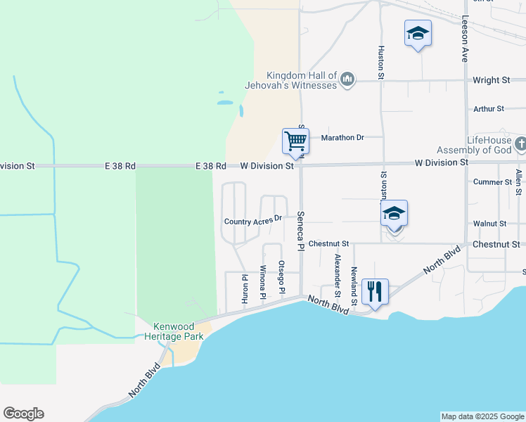 map of restaurants, bars, coffee shops, grocery stores, and more near 424 Kristy Jo Street in Cadillac
