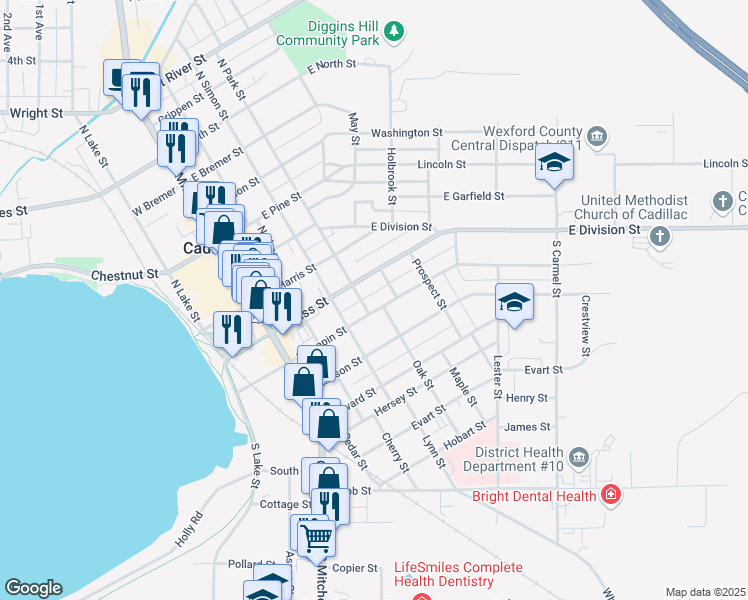 map of restaurants, bars, coffee shops, grocery stores, and more near 407 East Chapin Street in Cadillac
