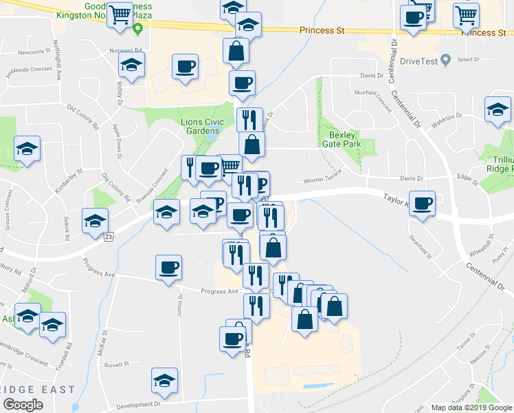 map of restaurants, bars, coffee shops, grocery stores, and more near 599 Taylor Kidd Boulevard in Kingston