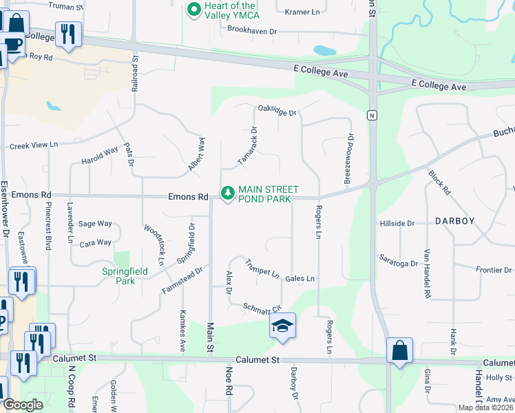 map of restaurants, bars, coffee shops, grocery stores, and more near W2855 Emons Road in Appleton