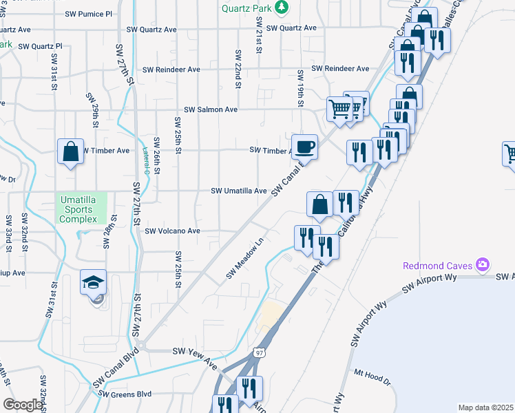map of restaurants, bars, coffee shops, grocery stores, and more near 3398 Southwest 21st Street in Redmond