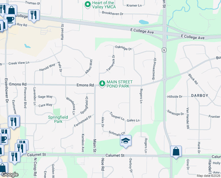 map of restaurants, bars, coffee shops, grocery stores, and more near W2855 Emons Road in Appleton