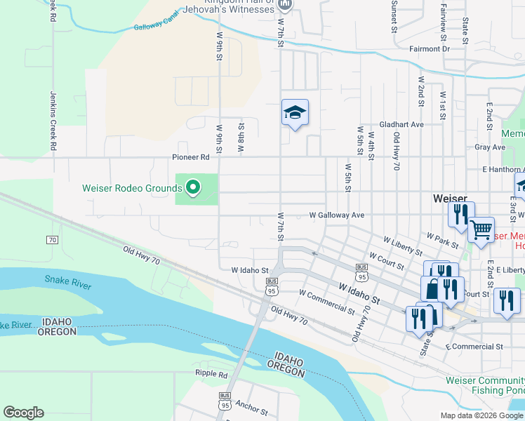 map of restaurants, bars, coffee shops, grocery stores, and more near 755 West Galloway Avenue in Weiser