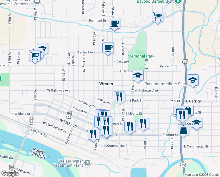 map of restaurants, bars, coffee shops, grocery stores, and more near 845 State Street in Weiser