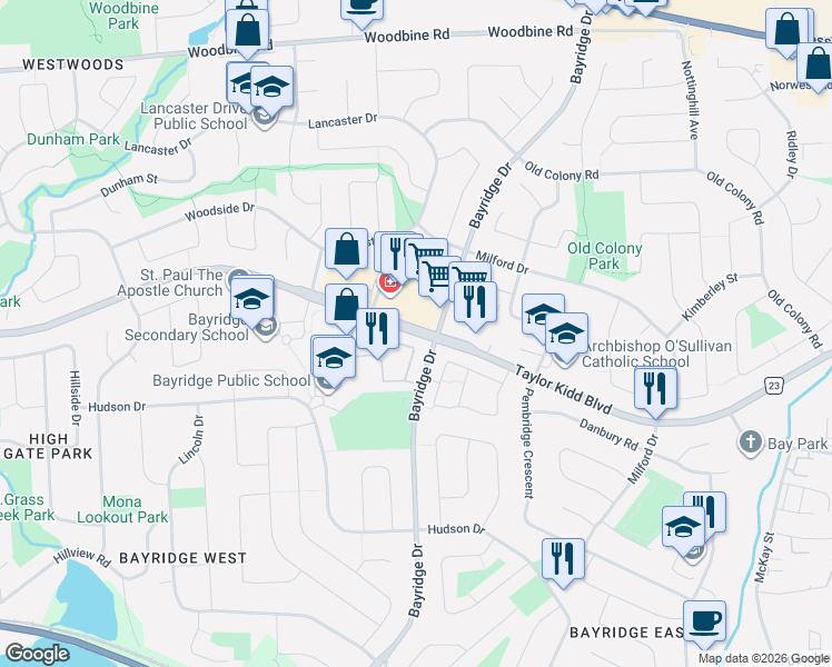 map of restaurants, bars, coffee shops, grocery stores, and more near 1015 Pembridge Crescent in Kingston