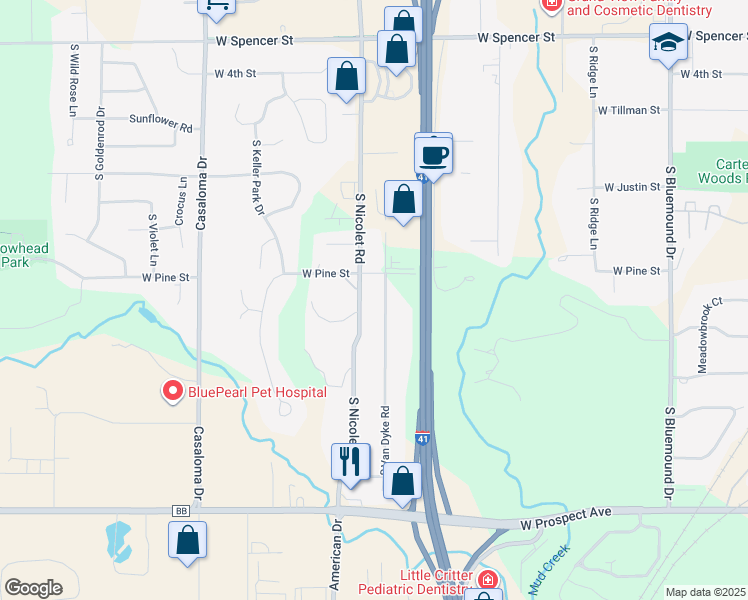 map of restaurants, bars, coffee shops, grocery stores, and more near 1221 South Van Dyke Road in Appleton
