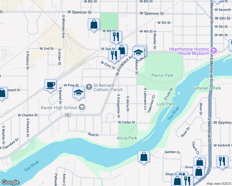 map of restaurants, bars, coffee shops, grocery stores, and more near 1320 South Outagamie Street in Appleton