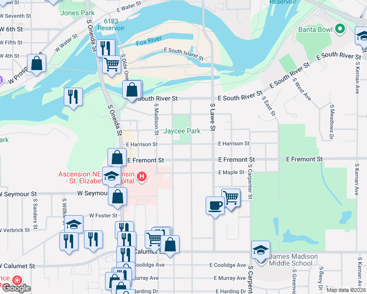 map of restaurants, bars, coffee shops, grocery stores, and more near 402 East Fremont Street in Appleton