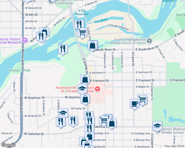 map of restaurants, bars, coffee shops, grocery stores, and more near 1330 South Oneida Street in Appleton