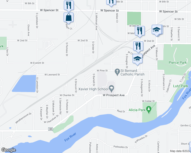 map of restaurants, bars, coffee shops, grocery stores, and more near 1400 South Bartell Drive in Appleton