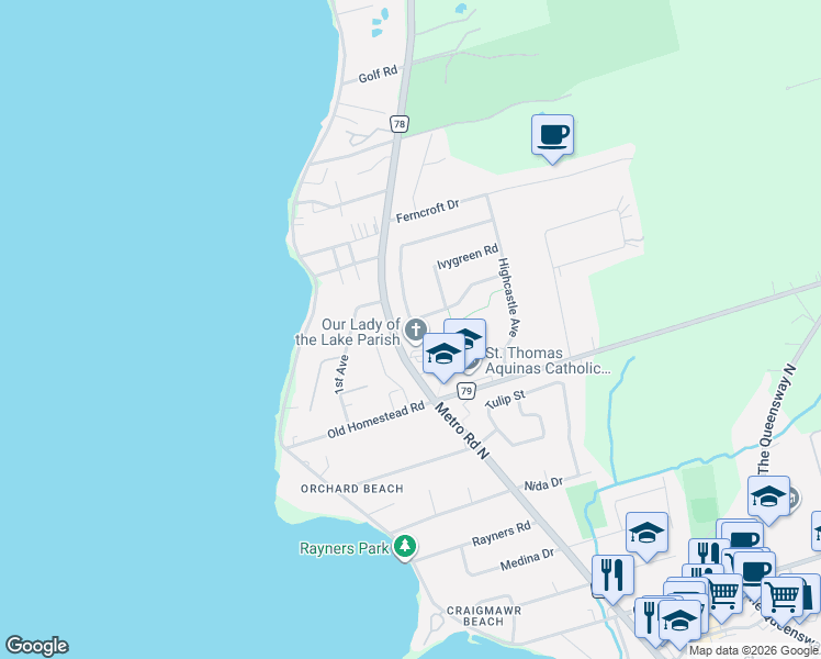 map of restaurants, bars, coffee shops, grocery stores, and more near 76 Kerfoot Crescent in Georgina