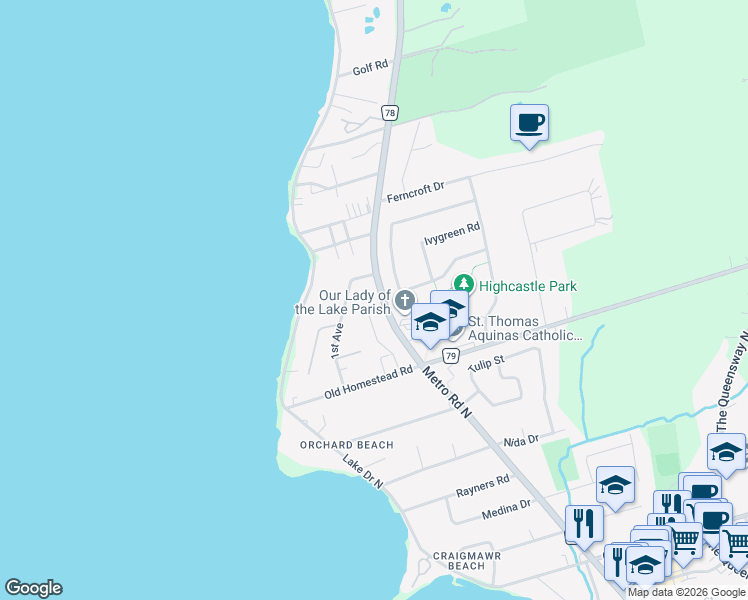 map of restaurants, bars, coffee shops, grocery stores, and more near 136A Metro Road North in Georgina