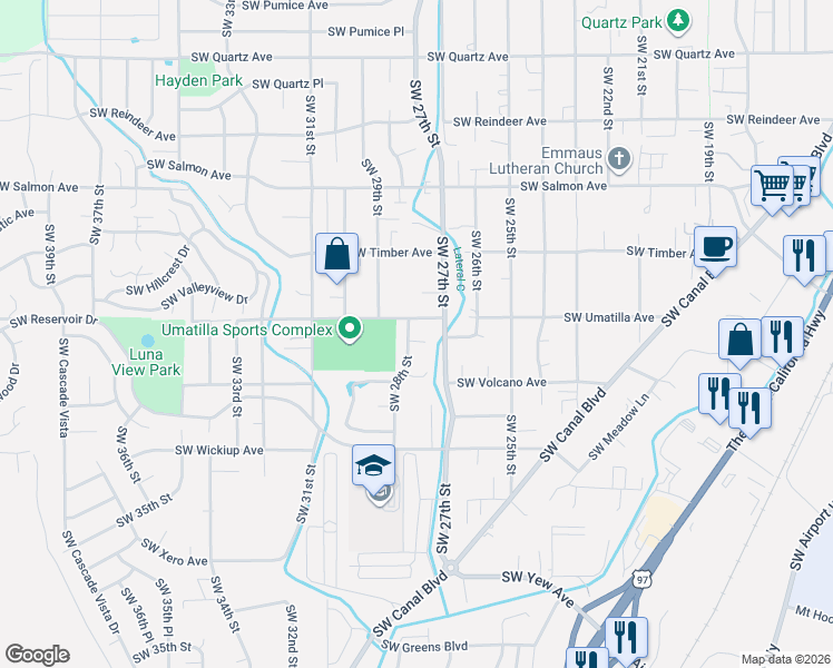 map of restaurants, bars, coffee shops, grocery stores, and more near 2757 Southwest Umatilla Court in Redmond