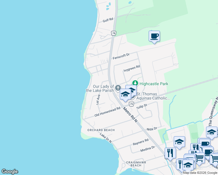 map of restaurants, bars, coffee shops, grocery stores, and more near in Georgina