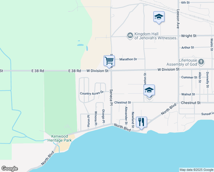 map of restaurants, bars, coffee shops, grocery stores, and more near 2109 Country Acres Street in Cadillac