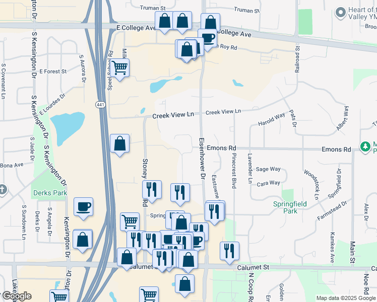 map of restaurants, bars, coffee shops, grocery stores, and more near 287 Marie Claire Drive in Appleton