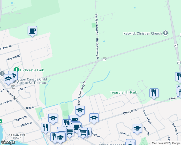 map of restaurants, bars, coffee shops, grocery stores, and more near 97 The Queensway North in Georgina