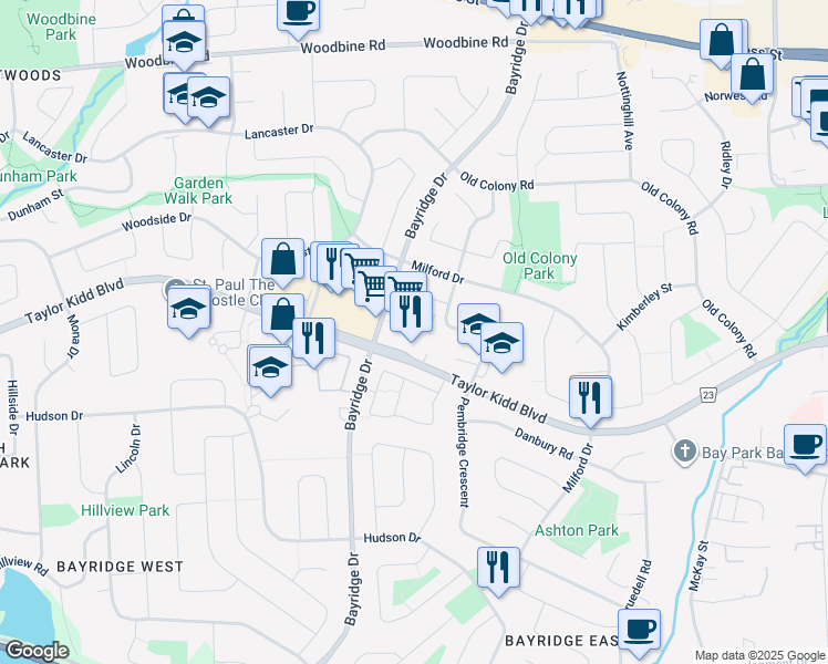 map of restaurants, bars, coffee shops, grocery stores, and more near 1023 Pembridge Crescent in Kingston
