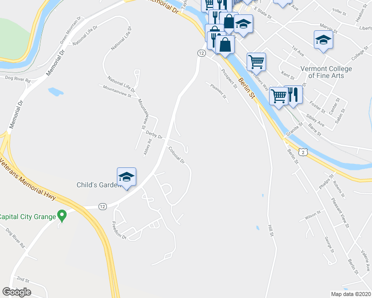map of restaurants, bars, coffee shops, grocery stores, and more near 120 Northfield Street in Montpelier