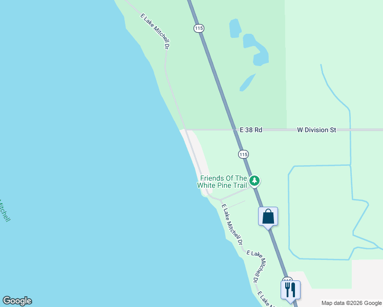 map of restaurants, bars, coffee shops, grocery stores, and more near 1113-1699 East Lake Mitchell Drive in Cadillac
