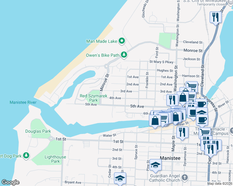 map of restaurants, bars, coffee shops, grocery stores, and more near 321 3rd Avenue in Manistee