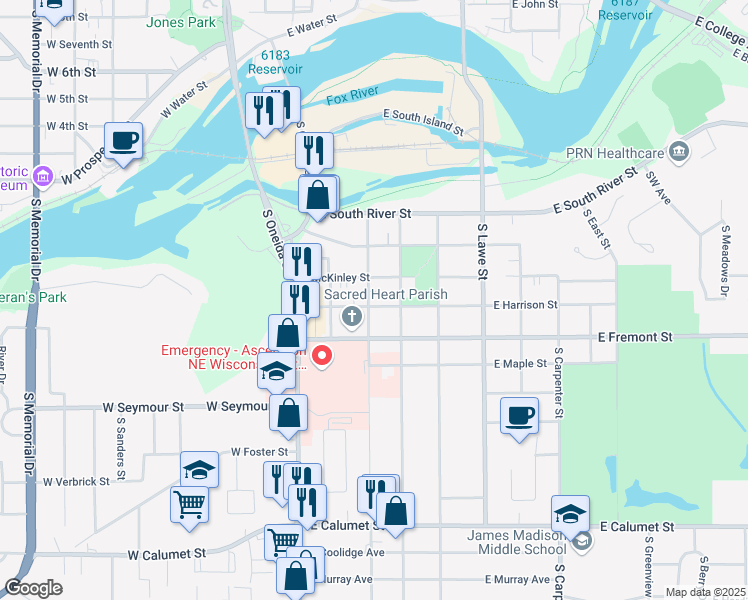 map of restaurants, bars, coffee shops, grocery stores, and more near 1218 South Madison Street in Appleton